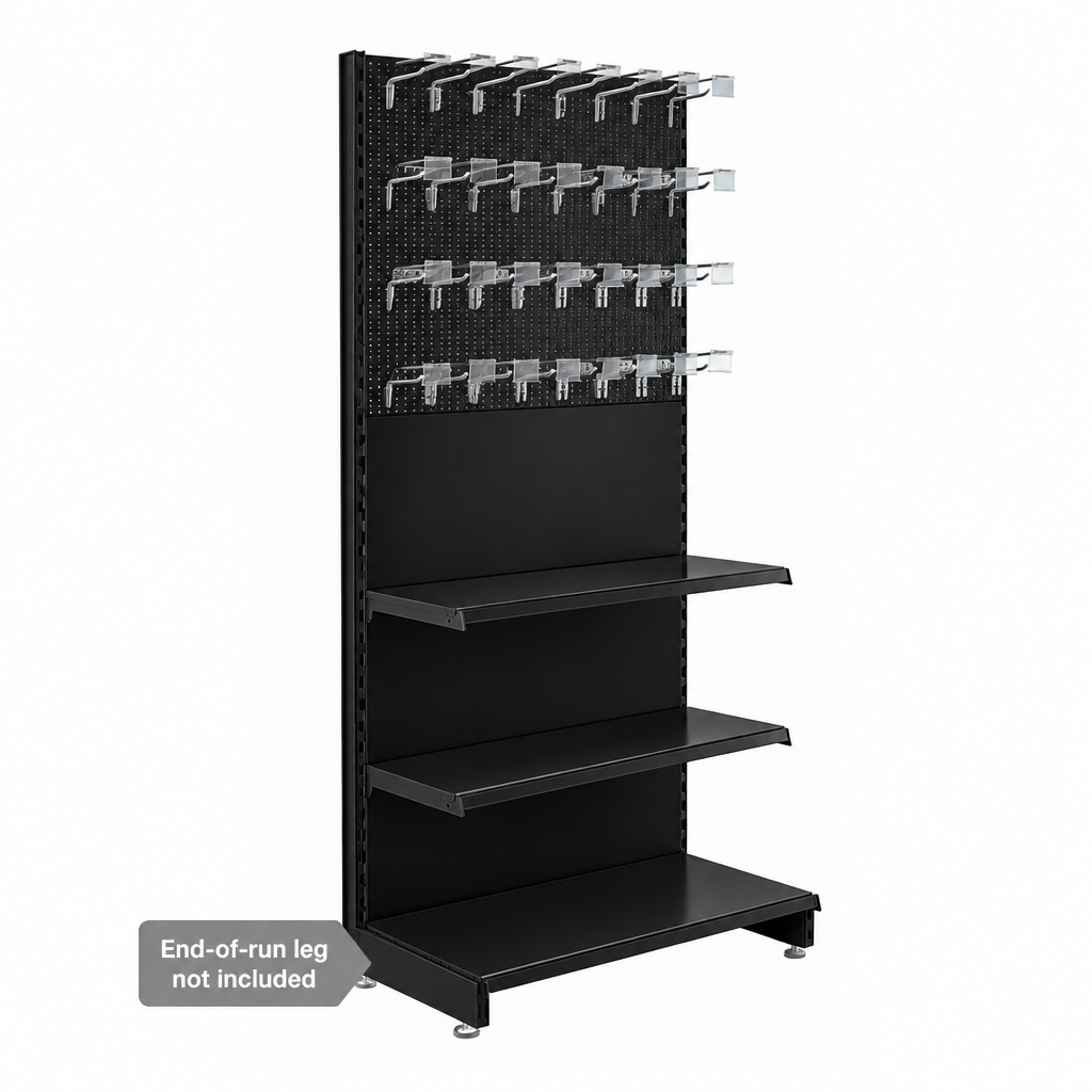 Black H1800 x W1000mm trade stand extension bay with 32 hooks and two shelves