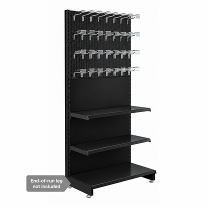 Black H1800 x W1000mm trade stand extension bay with 32 hooks and two shelves