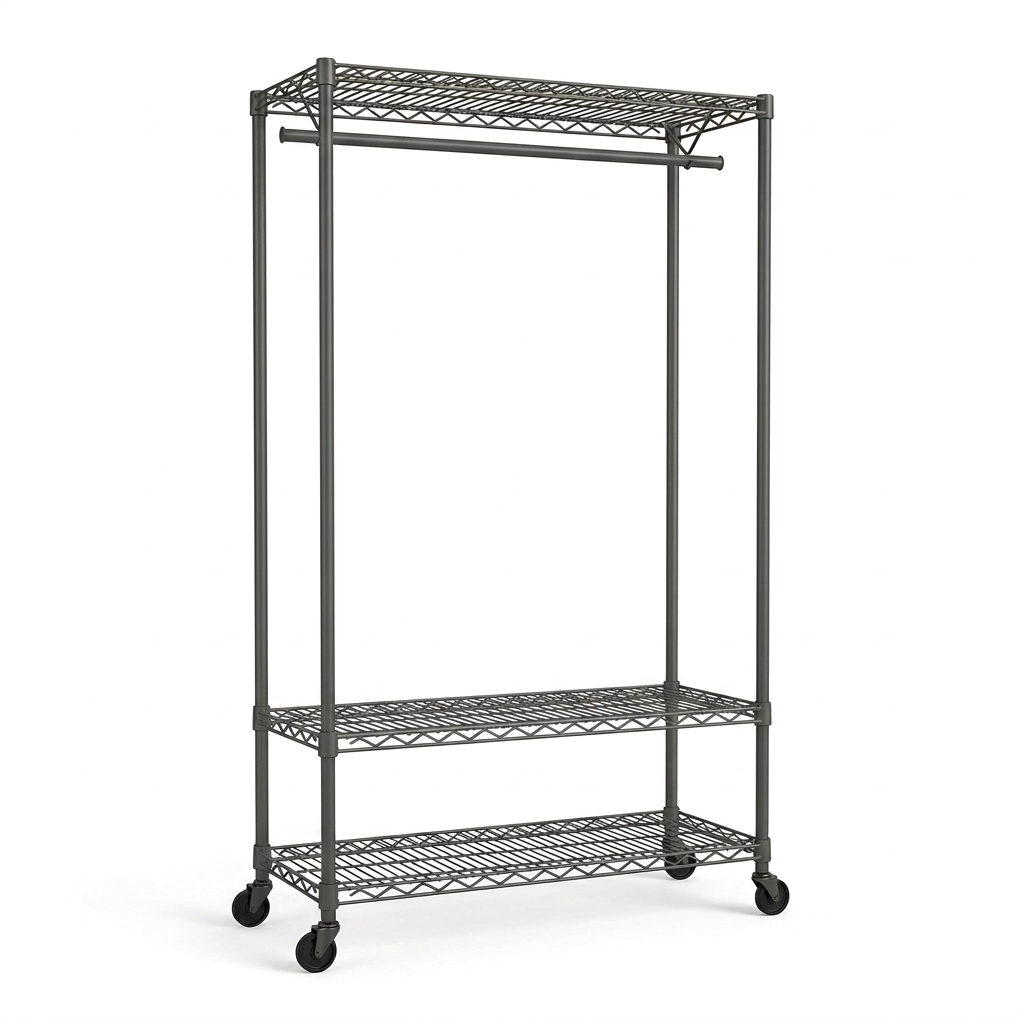 Mobile carbon grey wire clothes rack with one hanging rail and three shelves on white