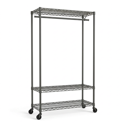 Mobile carbon grey wire clothes rack with one hanging rail and three shelves on white