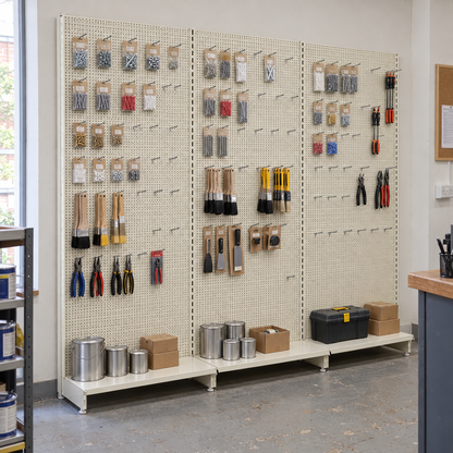 Three connected Jura White perforated wall shelving bays with unbranded fixings, tools and paint tins in an independent DIY shop
