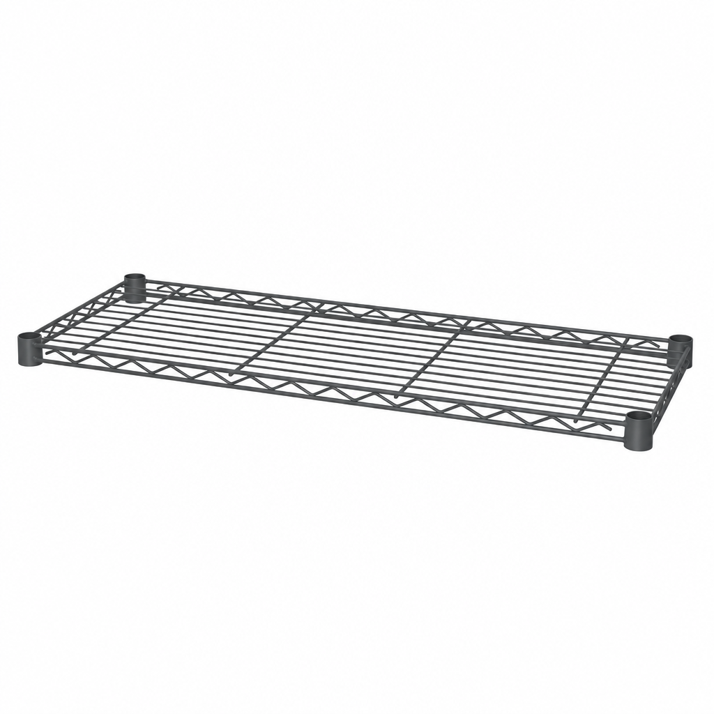 A carbon grey metal wire storage shelf with four feet shown at an angle on a white background.