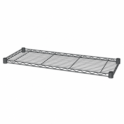 A carbon grey metal wire storage shelf with four feet shown at an angle on a white background.