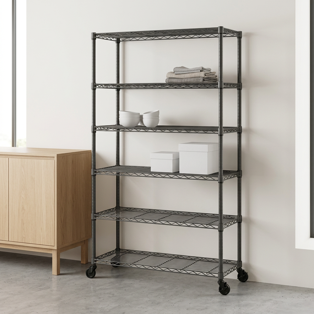 Slimmer six-tier mobile carbon grey wire shelving displaying textiles and ceramics in a modern retail setting