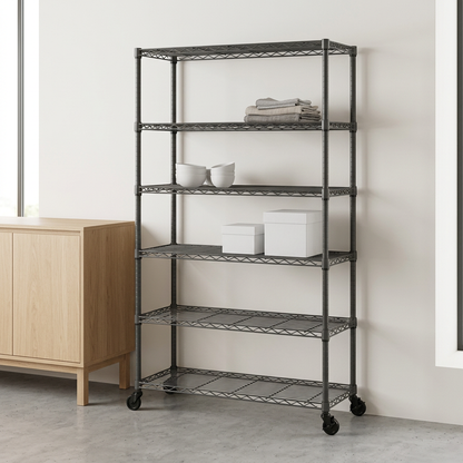 Slimmer six-tier mobile carbon grey wire shelving displaying textiles and ceramics in a modern retail setting