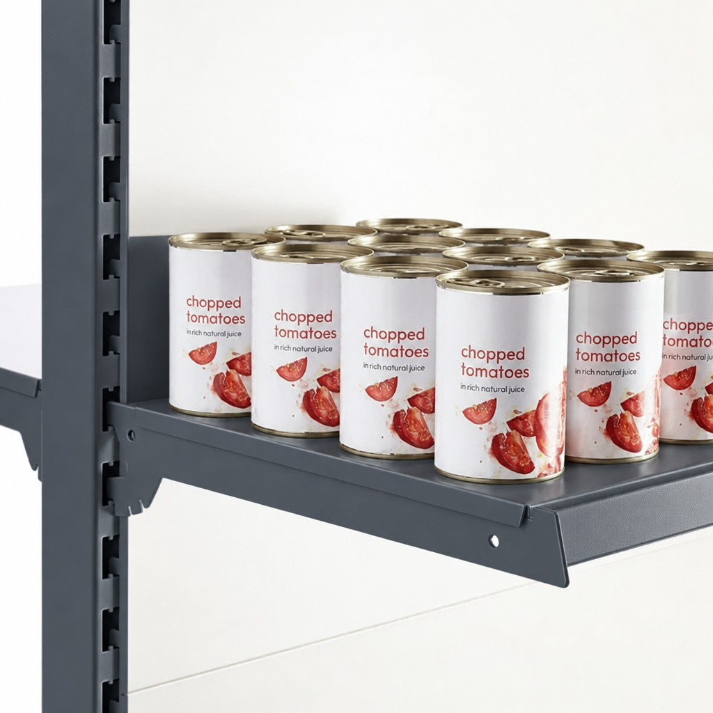 Dark Grey RAL 7015 gondola shelf displaying canned tomatoes.