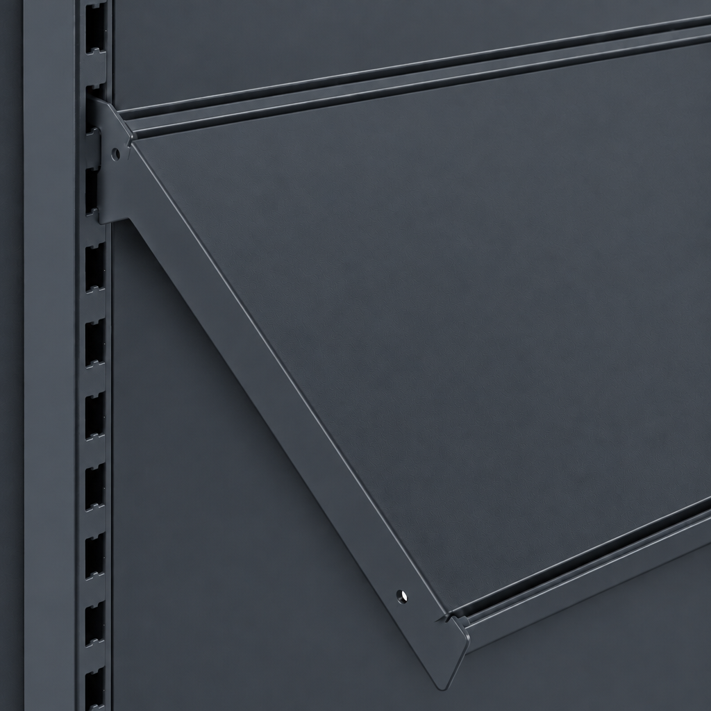 Dark grey adjustable shelf, bracket and back panel detail.