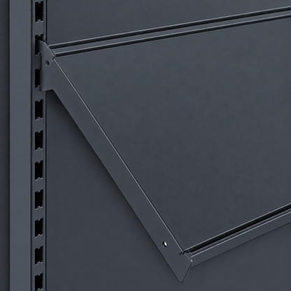 Dark grey adjustable shelf, bracket and back panel detail.