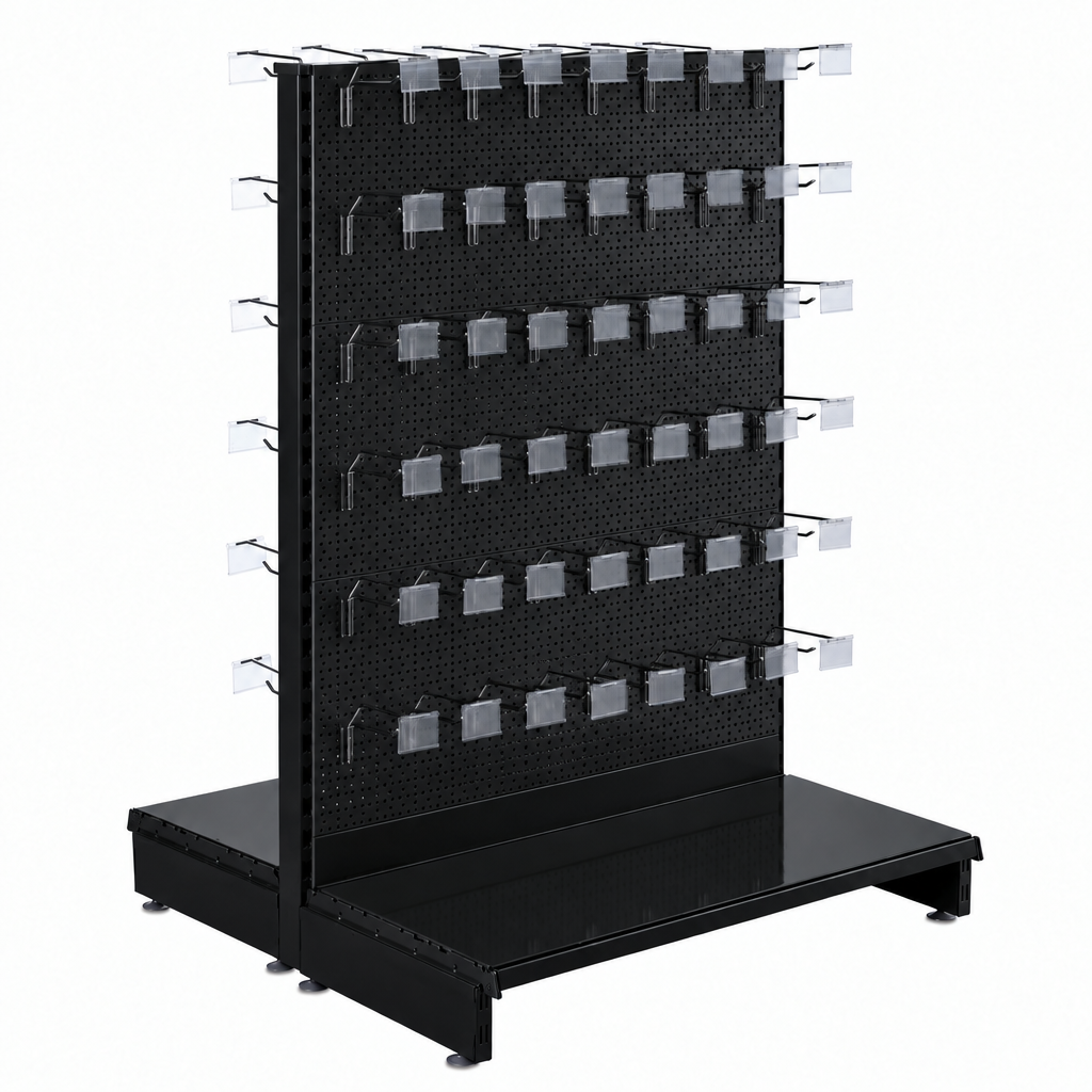 Black Retail Shelving Modular Gondola Unit - Perforated Back Panels, Single Arms, Tickets Holders