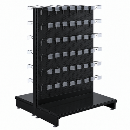 Black Retail Shelving Modular Gondola Unit - Perforated Back Panels, Single Arms, Tickets Holders