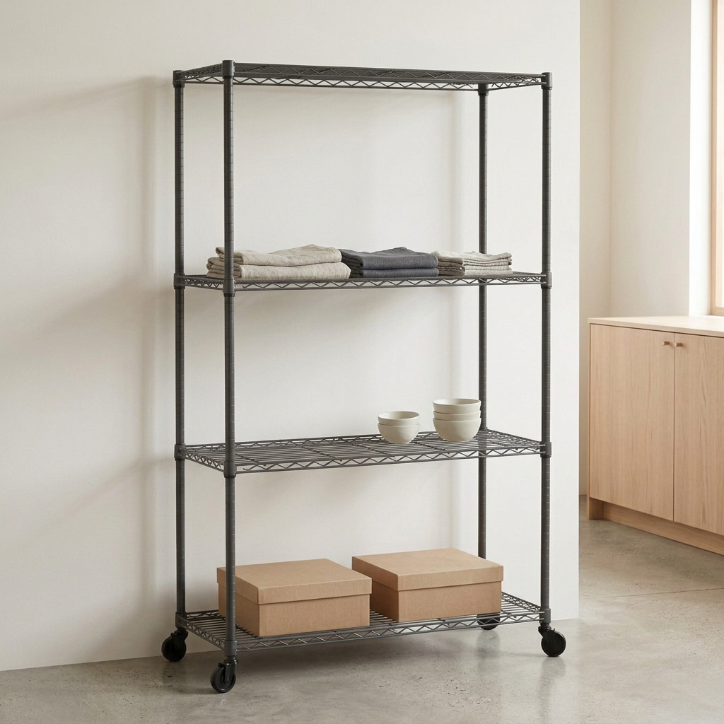 Slimmer four-tier mobile carbon grey wire shelving displaying textiles and ceramics in a minimal retail setting