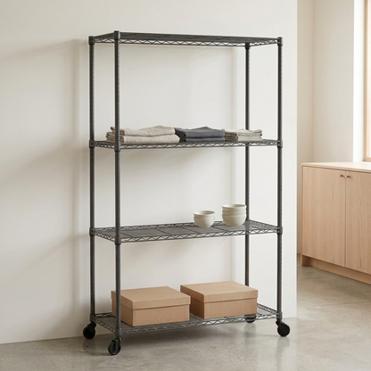 Slimmer four-tier mobile carbon grey wire shelving displaying textiles and ceramics in a minimal retail setting
