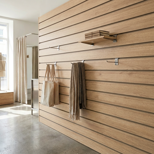 Light rustic oak slatwall display wall with coordinating taupe inserts in a retail shop