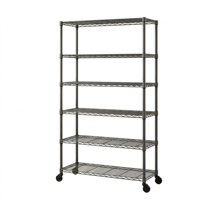 Six-tier narrow mobile carbon grey wire shelving unit on a white background