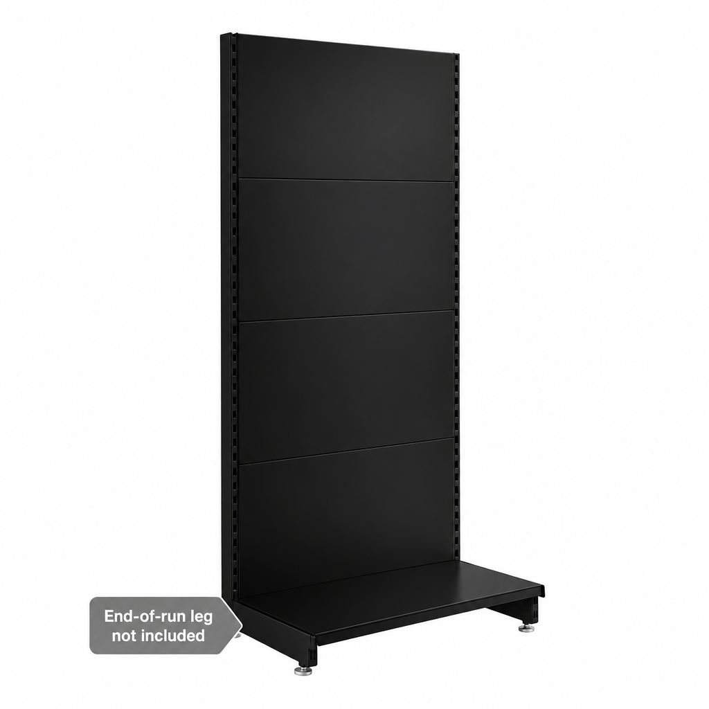 Black RAL 9005 H1800mm plain-panel modular wall unit with one base shelf. End-of-run leg not included.