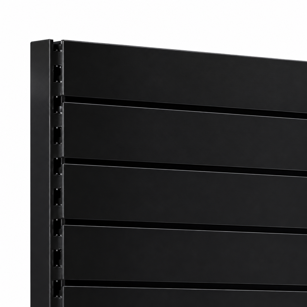 Black RAL 9005 slatwall panel and slotted upright detail.