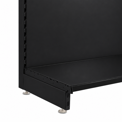 Black modular wall unit base shelf and leg detail with silver adjustable feet
