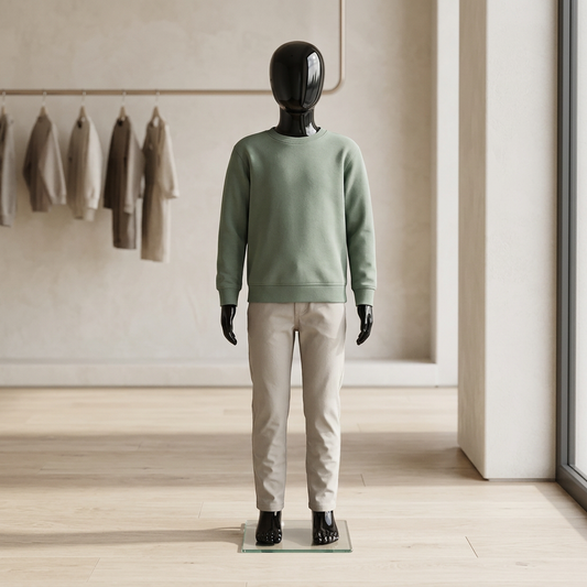 Fin age 5–6 gloss-black mannequin displaying a sage sweatshirt and stone chinos in a children's clothing boutique