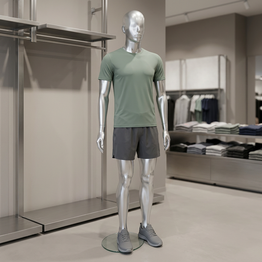 Candor 03 gloss-silver male mannequin displaying sage and charcoal activewear in a sportswear shop
