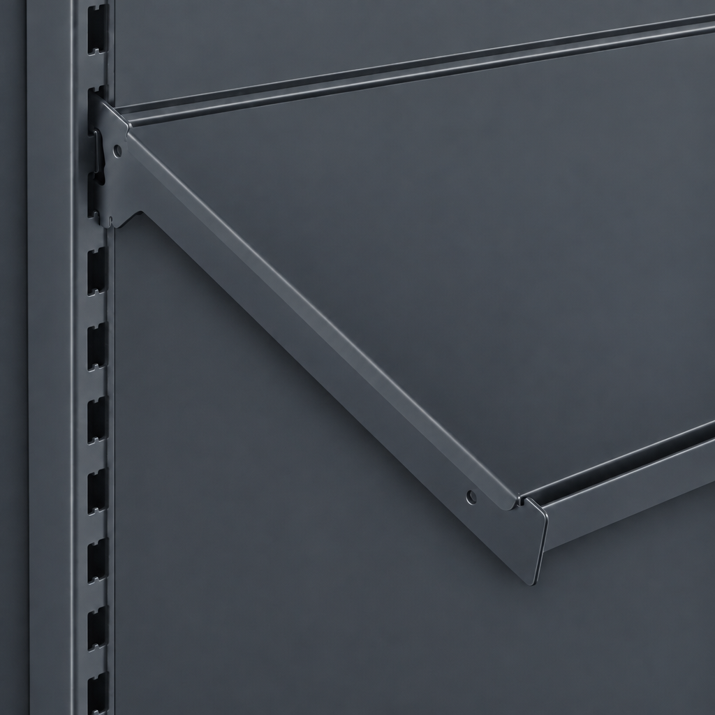Dark grey angled shelf and solid back panel detail.