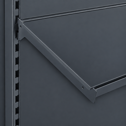 Dark grey angled shelf and solid back panel detail.