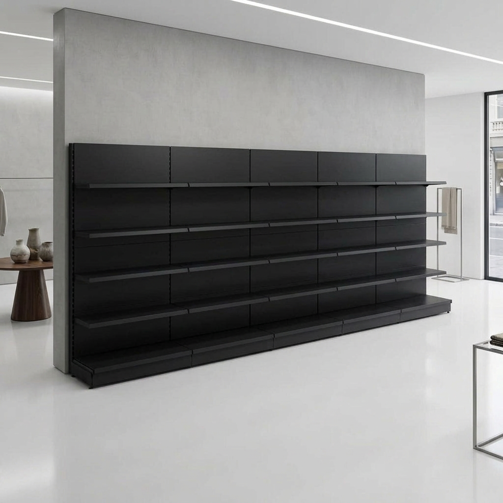 Black Retail Wall Shelving - 5 x H2100mm Bays With 470mm Base Shelf