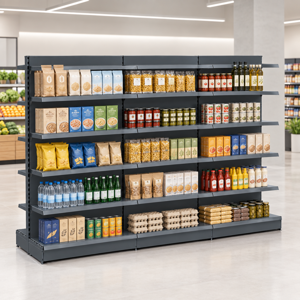 Dark grey retail gondola shelving run of 3 bays stocked with groceries in a modern minimal supermarket