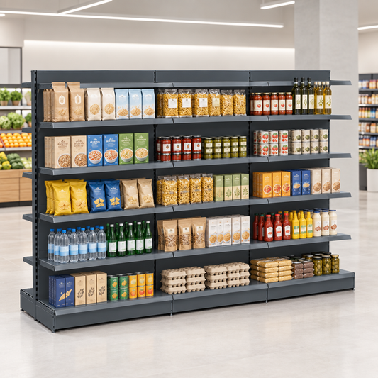 Dark grey retail gondola shelving run of 3 bays stocked with groceries in a modern minimal supermarket