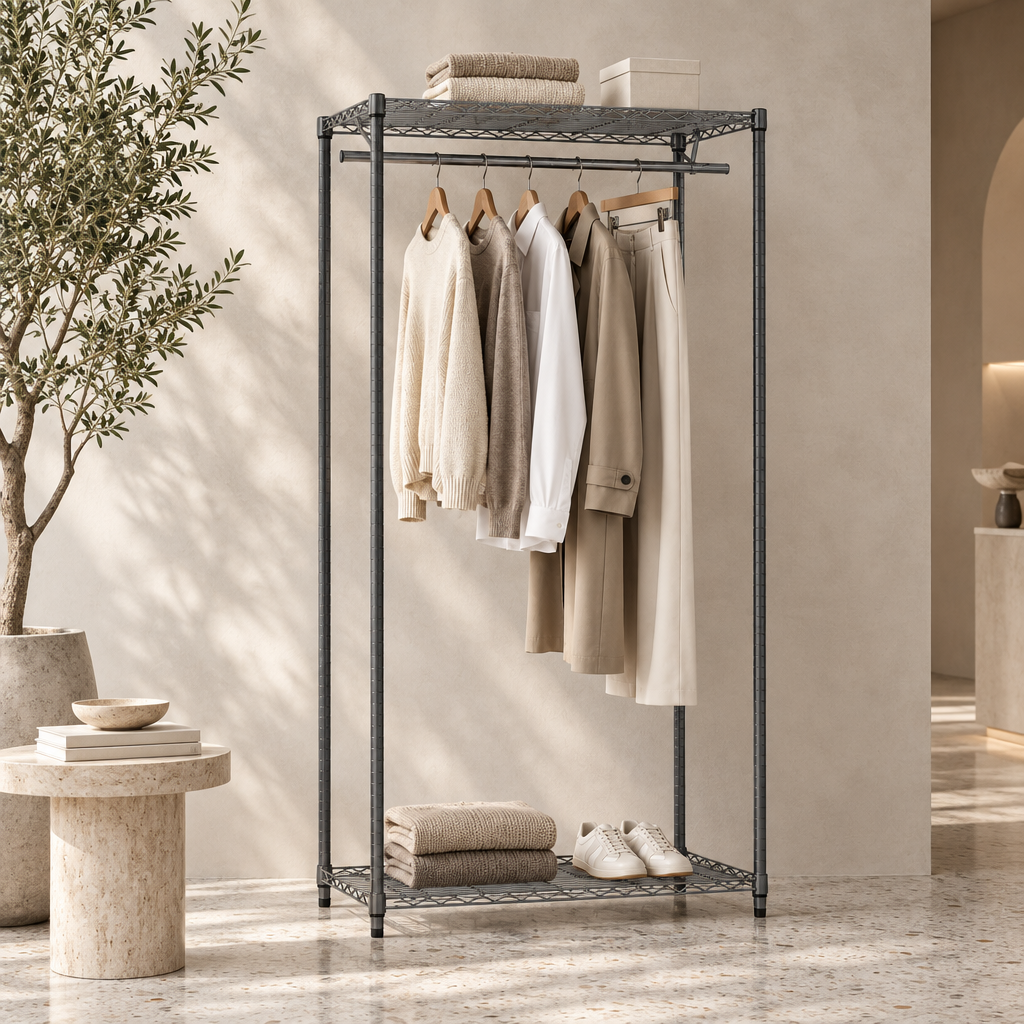 Carbon grey wire clothes rack styled with neutral garments in a minimal concept store with a plaster wall and terrazzo floor