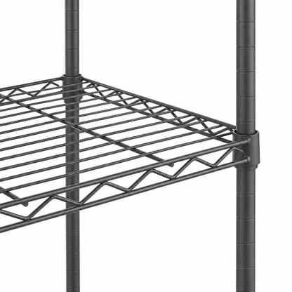 Close-up of a carbon grey wire shelving unit showing the slatted shelf and support posts on a white background.