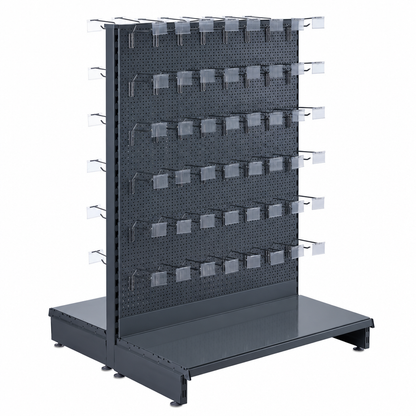 Dark Grey Retail Shelving Modular Gondola Unit - Perforated Back Panels, Single Arms, Tickets Holders