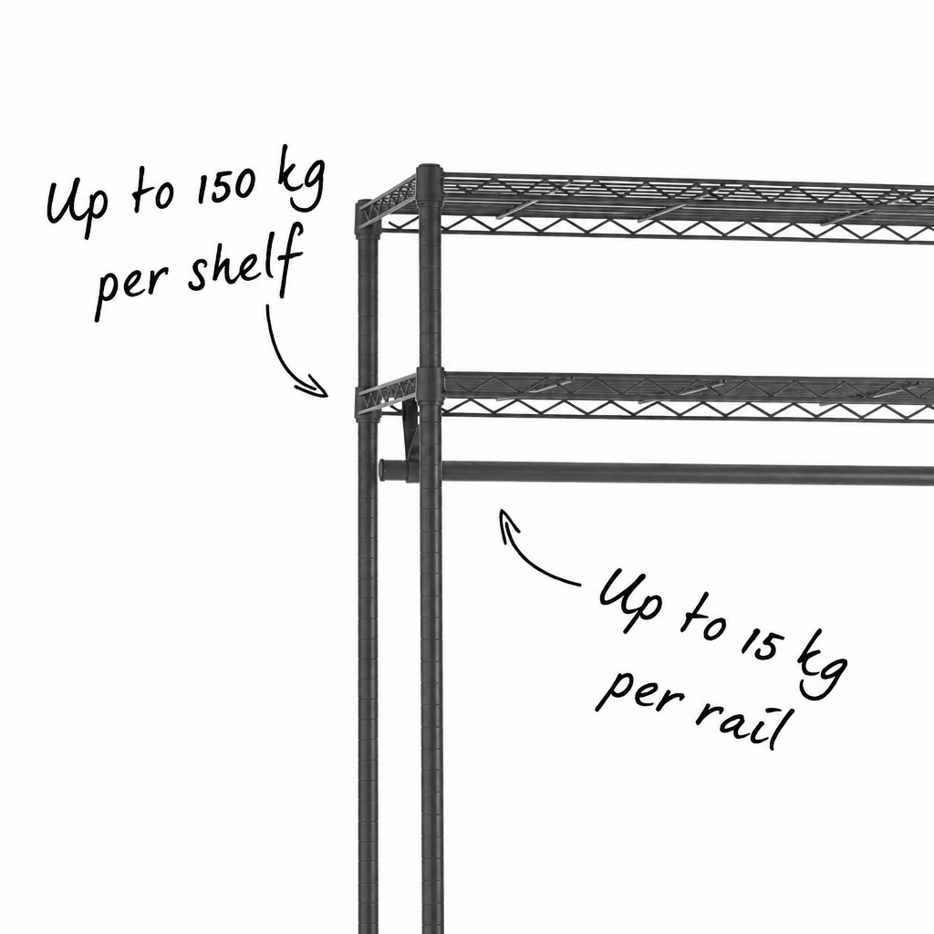 Carbon grey wire rack corner with overlays reading 'Up to 150 kg per shelf' and 'Up to 15 kg per rail'.