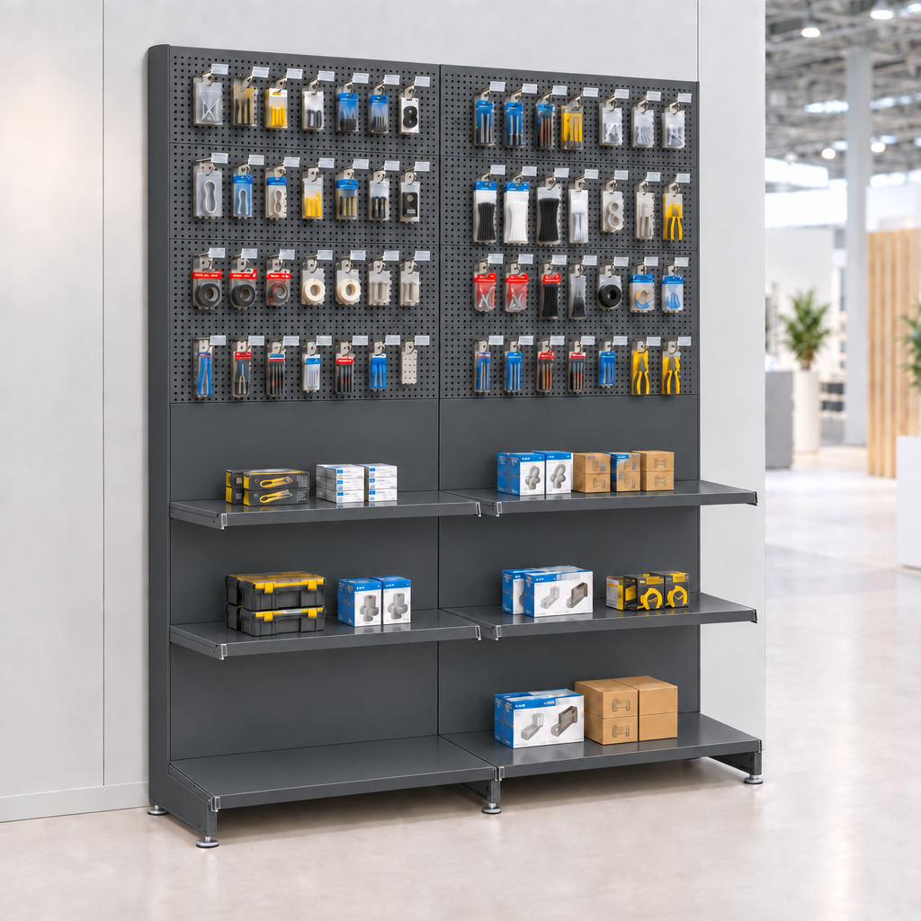 Dark grey seamless two-bay exhibition display with packaged trade accessories