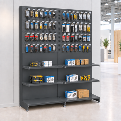 Dark grey seamless two-bay exhibition display with packaged trade accessories