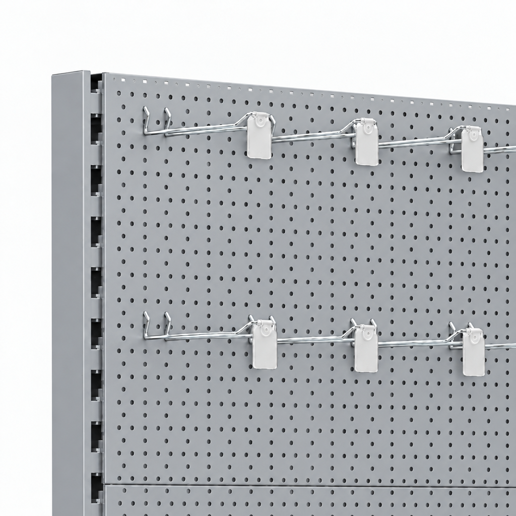 Silver perforated gondola panel with eurohooks and ticket holders