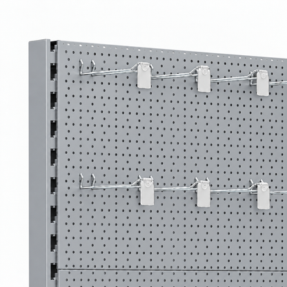 Silver perforated gondola panel with eurohooks and ticket holders
