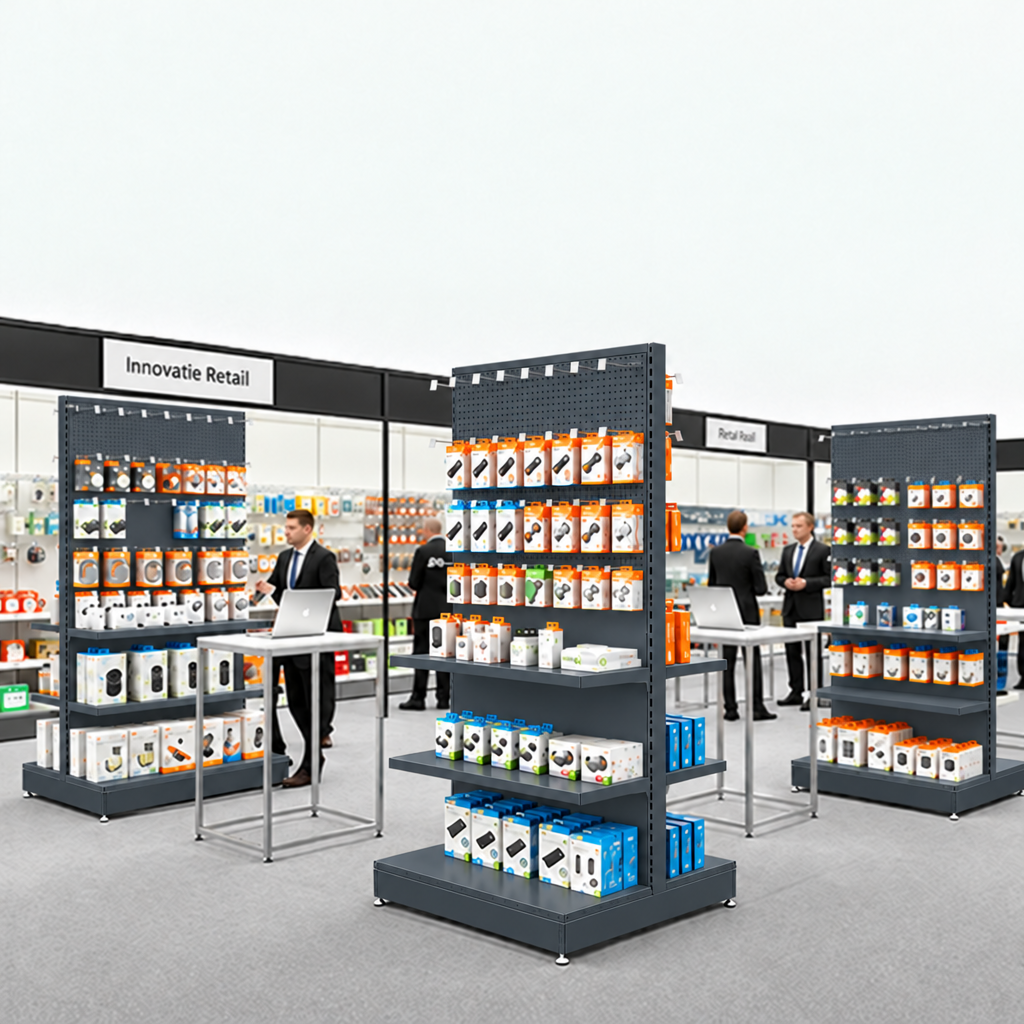 Dark Grey RAL 7015 gondola exhibition overview with plain lower panels