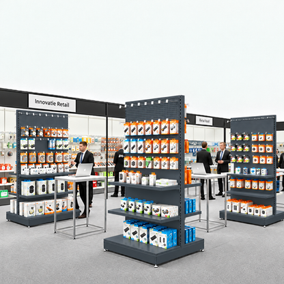 Dark Grey RAL 7015 gondola exhibition overview with plain lower panels