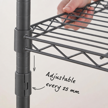 Close-up of carbon grey adjustable wire shelving with text reading 'Adjustable every 25 mm'