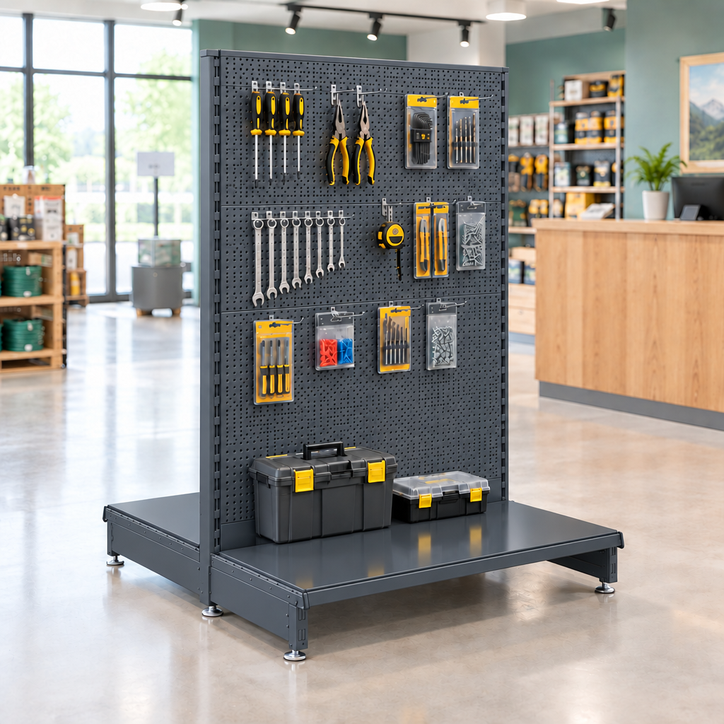 Dark grey double-sided pegboard gondola displaying tools in a modern hardware shop with an empty rear base shelf