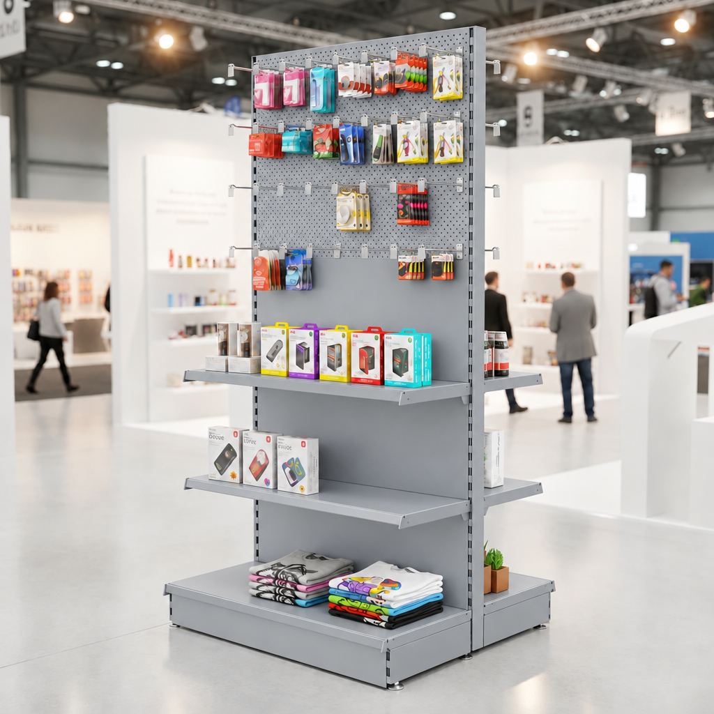 Silver double-sided gondola with hanging accessories and shelf displays