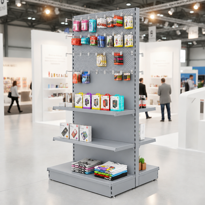 Silver double-sided gondola with hanging accessories and shelf displays