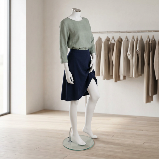 Zest 02 female matt-white headless mannequin displaying a sage blouse and navy skirt in a womenswear boutique