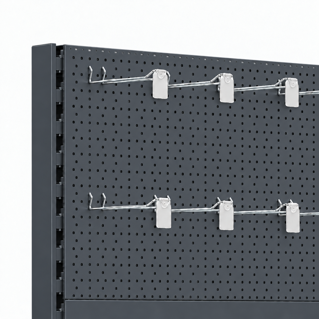 Dark Grey RAL 7015 pegboard with metallic silver eurohooks