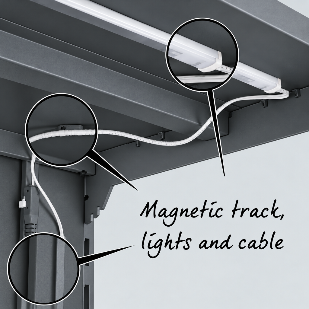 Magnetic lighting track on dark grey shelving