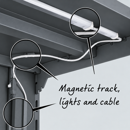 Magnetic lighting track on dark grey shelving