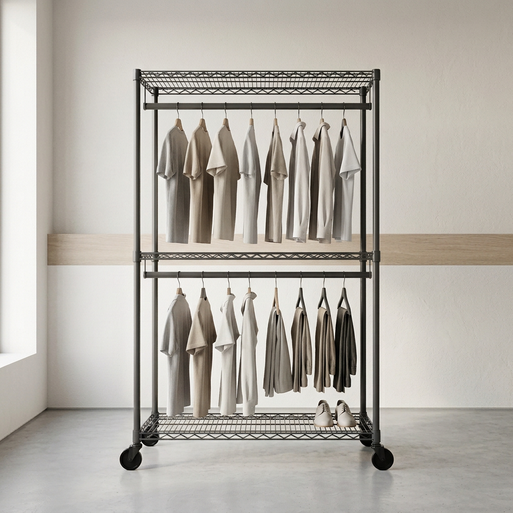 Two-rail mobile carbon grey wire clothes rack displaying clothing in a boutique