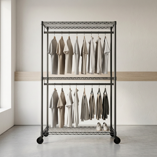 Two-rail mobile carbon grey wire clothes rack displaying clothing in a boutique