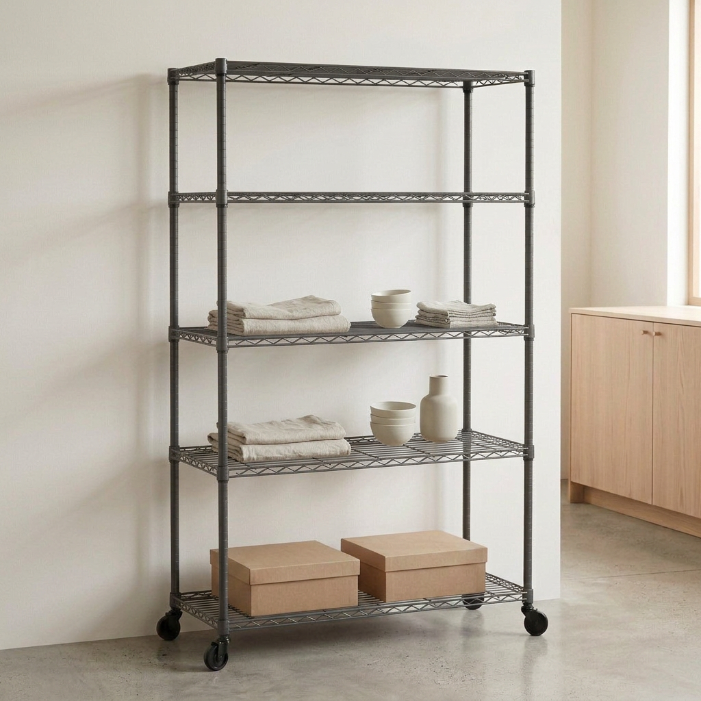 Slimmer five-tier mobile carbon grey wire shelving displaying textiles and ceramics in a modern retail setting