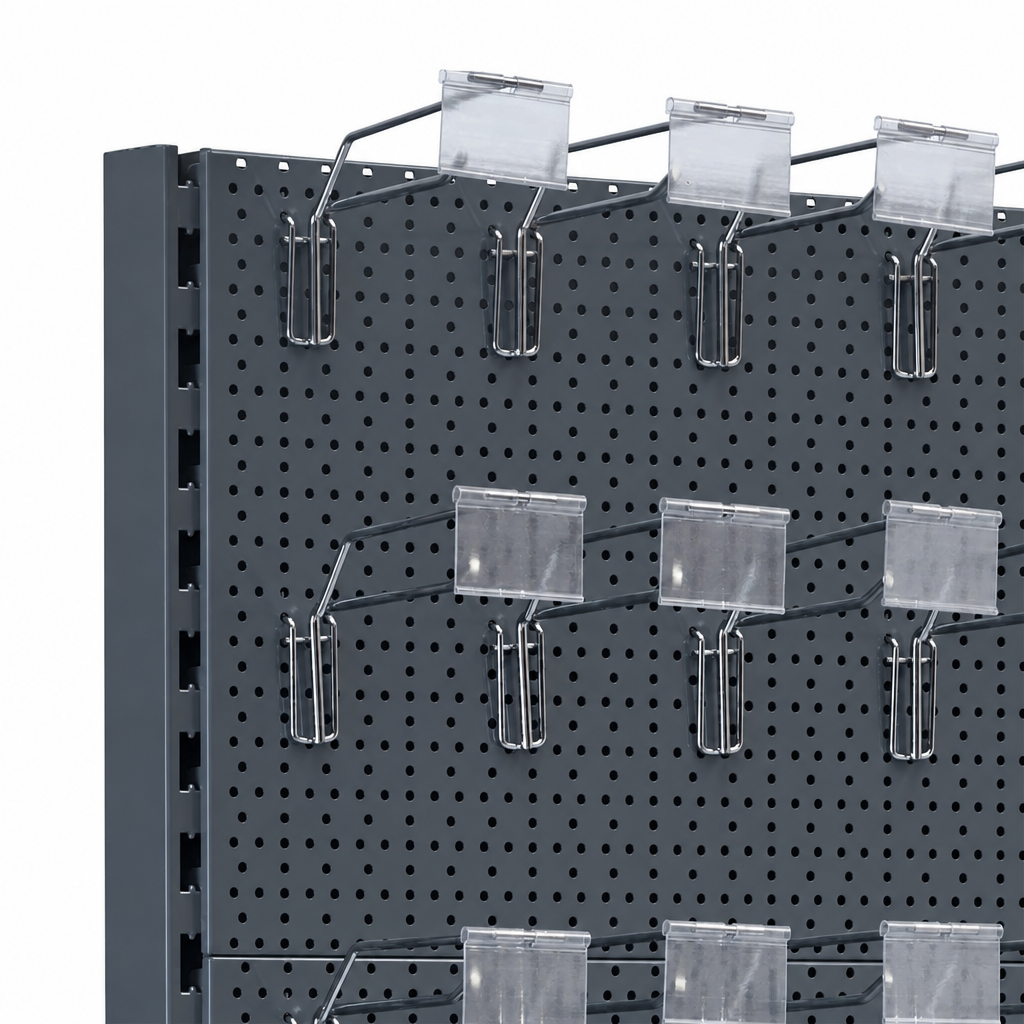 Dark Grey Retail Shelving Modular Gondola Unit - Perforated Back Panels, Single Arms, Tickets Holders